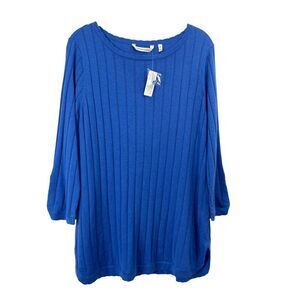 NEW Soft Surroundings ribbed scalloped trim top sweater Size M blue cashmere ble